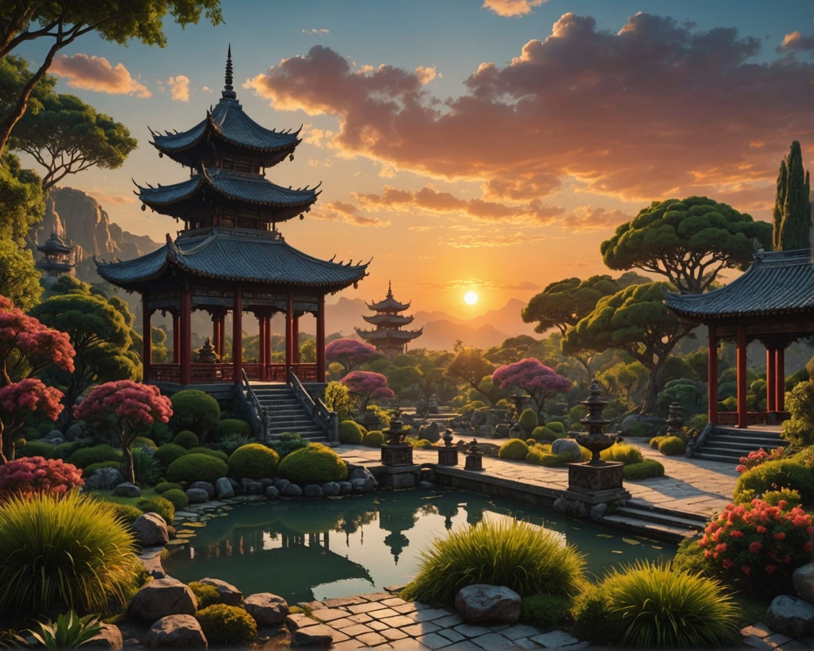 Oriental Garden Sunset: Digital Matte Painting