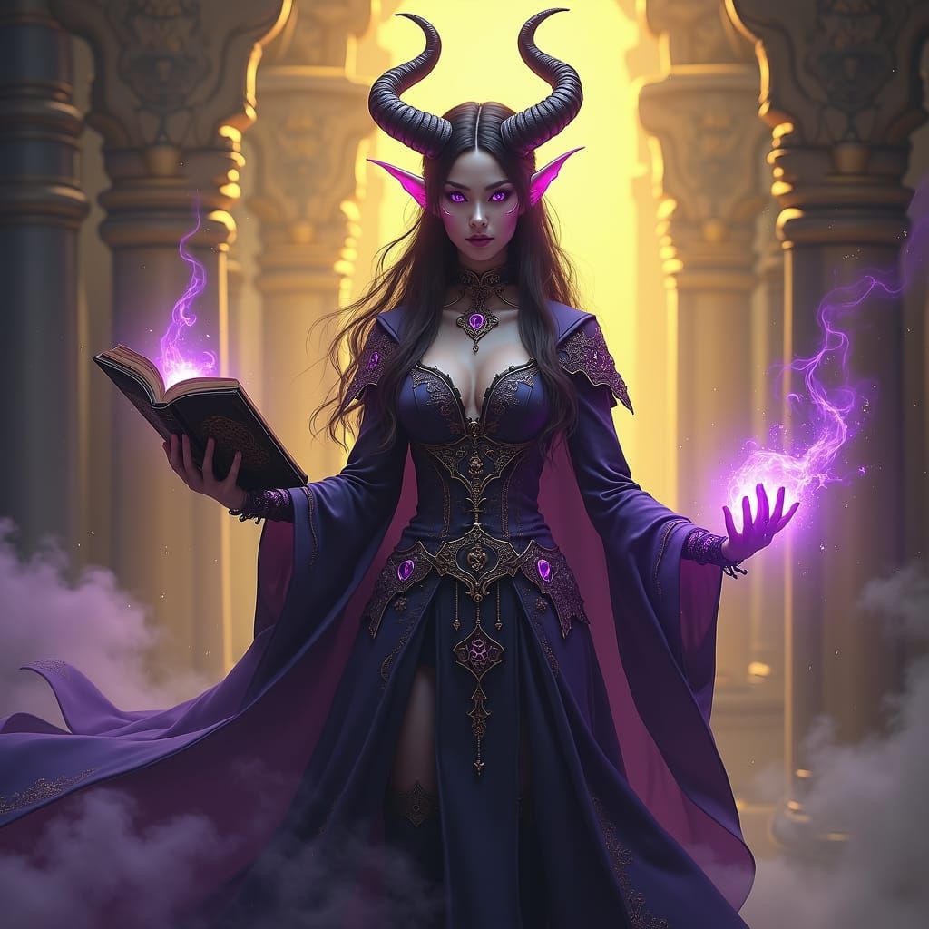 Tiefling Heroine in Mystical Realm, Dark Fantasy Style