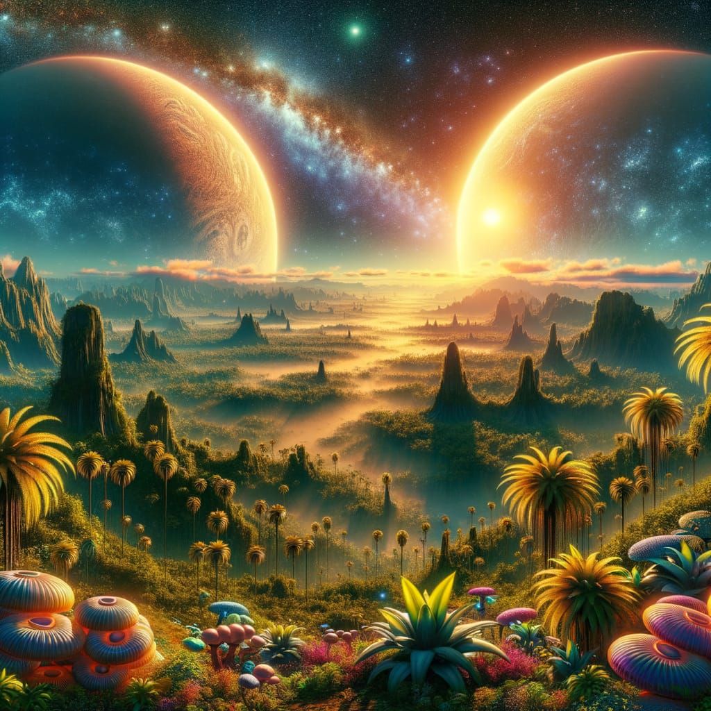 Idyllic Alien World with Two Suns in a Vibrant Exotic Landsc...