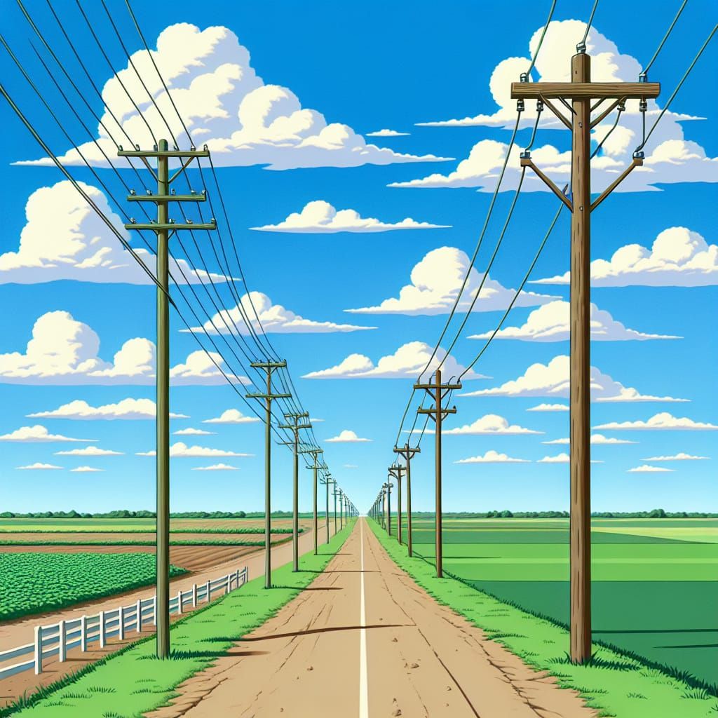 Rural Road with Telephone Poles and Cartoon Clouds