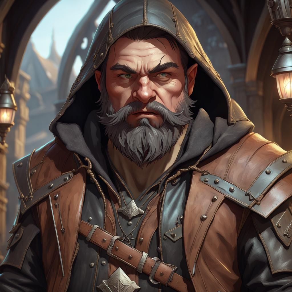Detailed Portrait of Hooded Dwarf Warrior in Leather