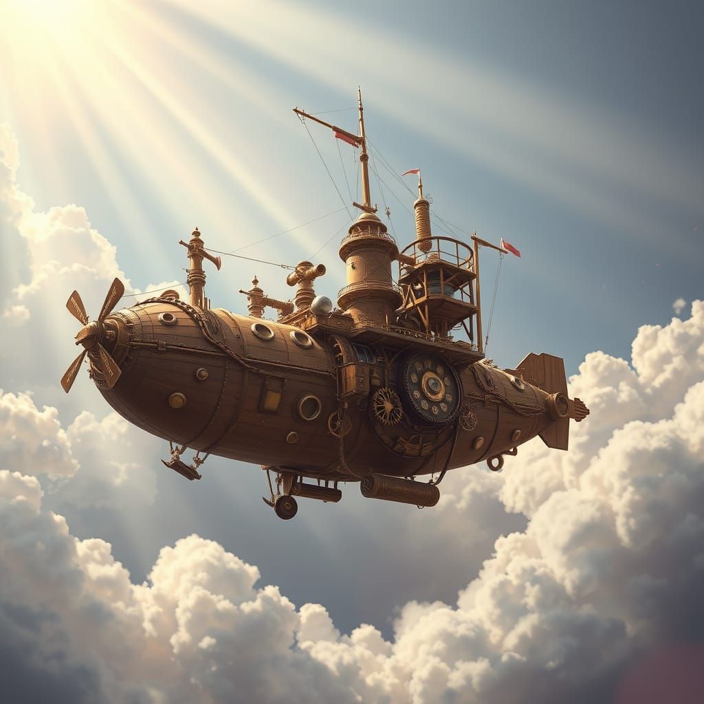 Steampunk Airship Soars Through Cloudy Skies in Intricate De...
