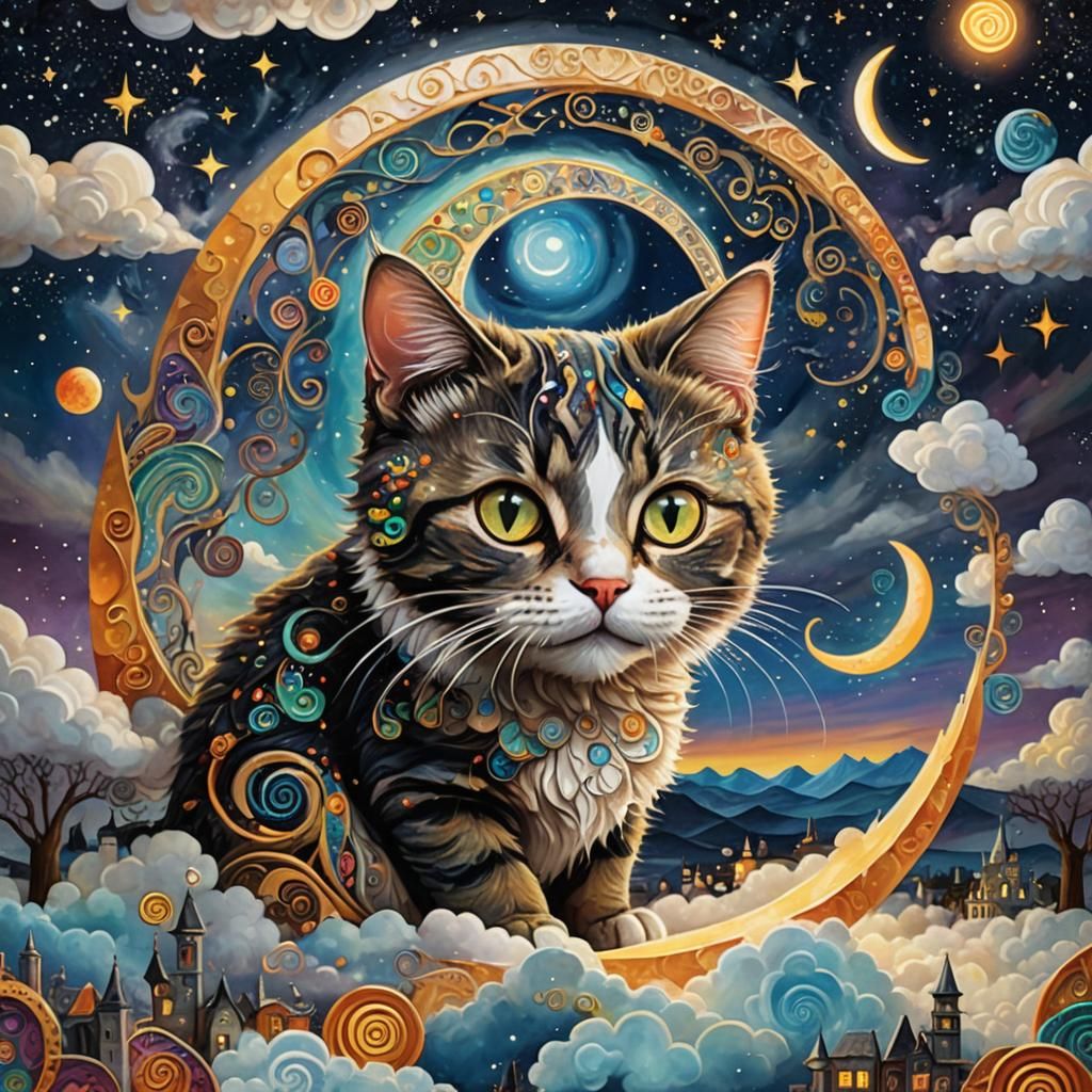 Double exposures, The four seasons and a cat, spiraled world of dark and light, night and day, miniature crescent moon, ...