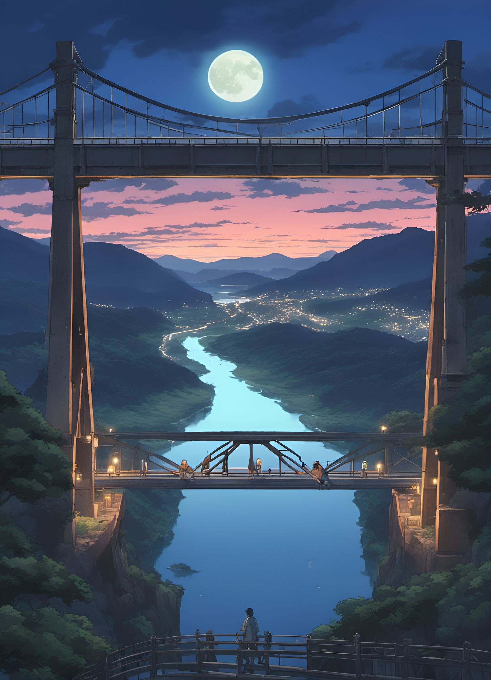 Kintai Bridge at Night in Anime Style