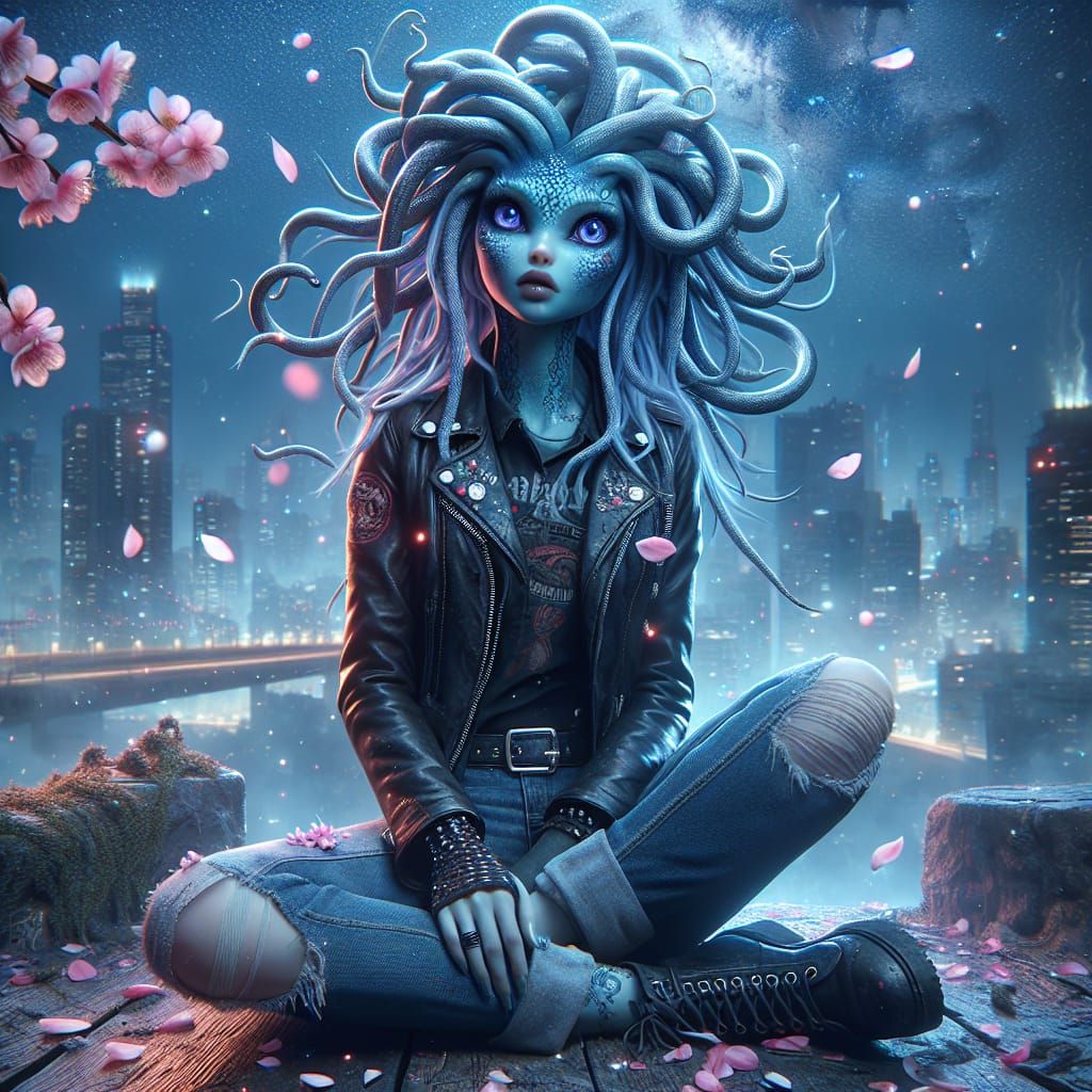 Punk rock medusa relaxing in the city