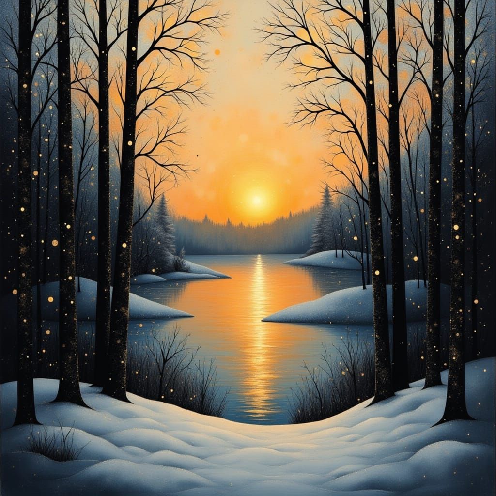 Winter Sunset on a Snowy Lake in Soft Impasto Style
