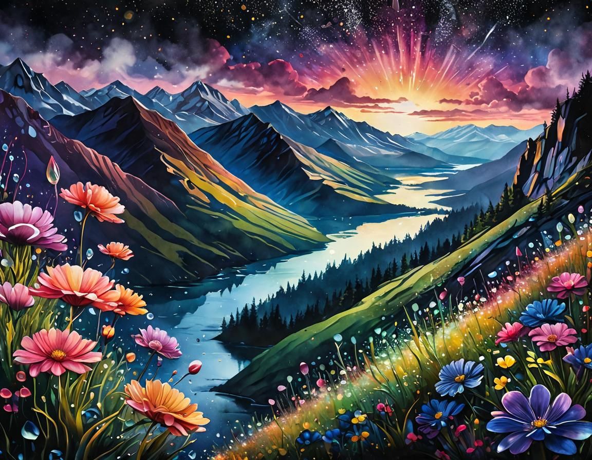 Shimmering Galaxy Flowers in Watercolor Style