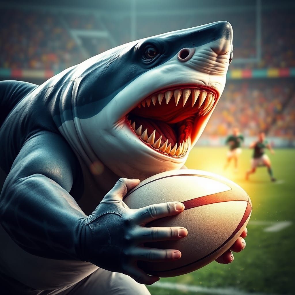Muscular Shark Plays Rugby: Hyper-Realistic Portrait