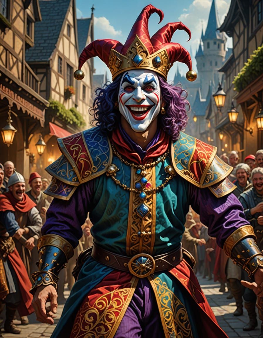 Vibrant Medieval Jester in Exuberant Dance