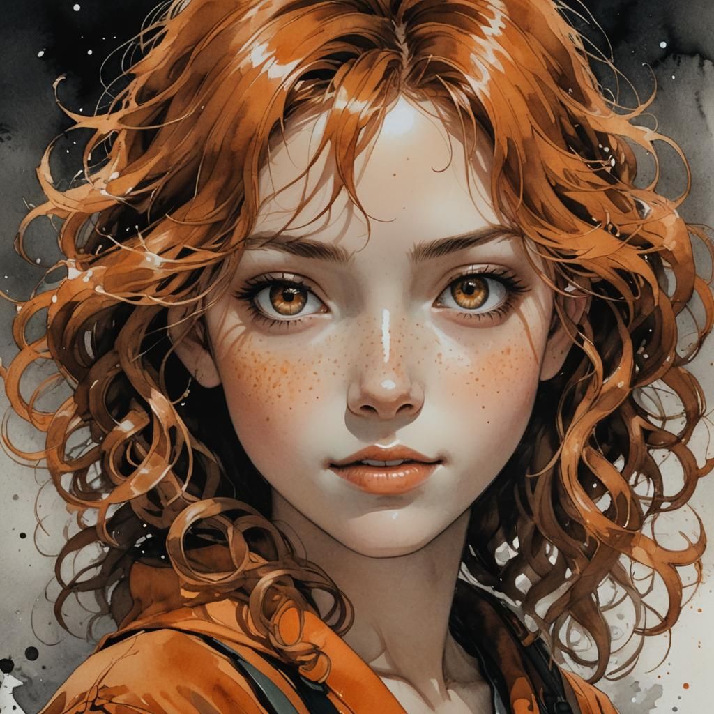 Orange Portrait of Smiling Girl, Watercolor Style