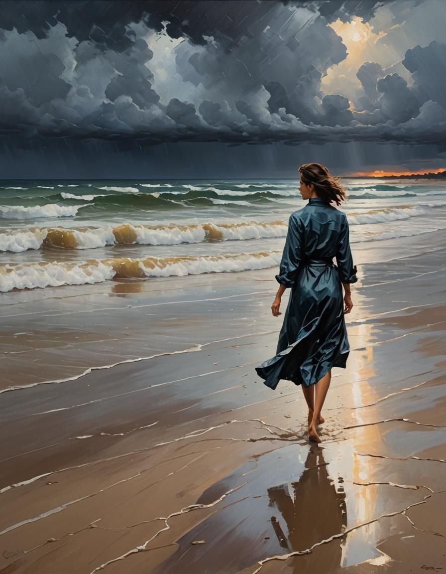Woman on Stormy Beach in Expressive Style