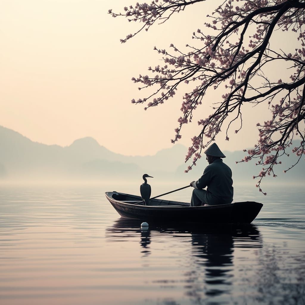 Chinese Fisherman and Heron at Misty Dawn