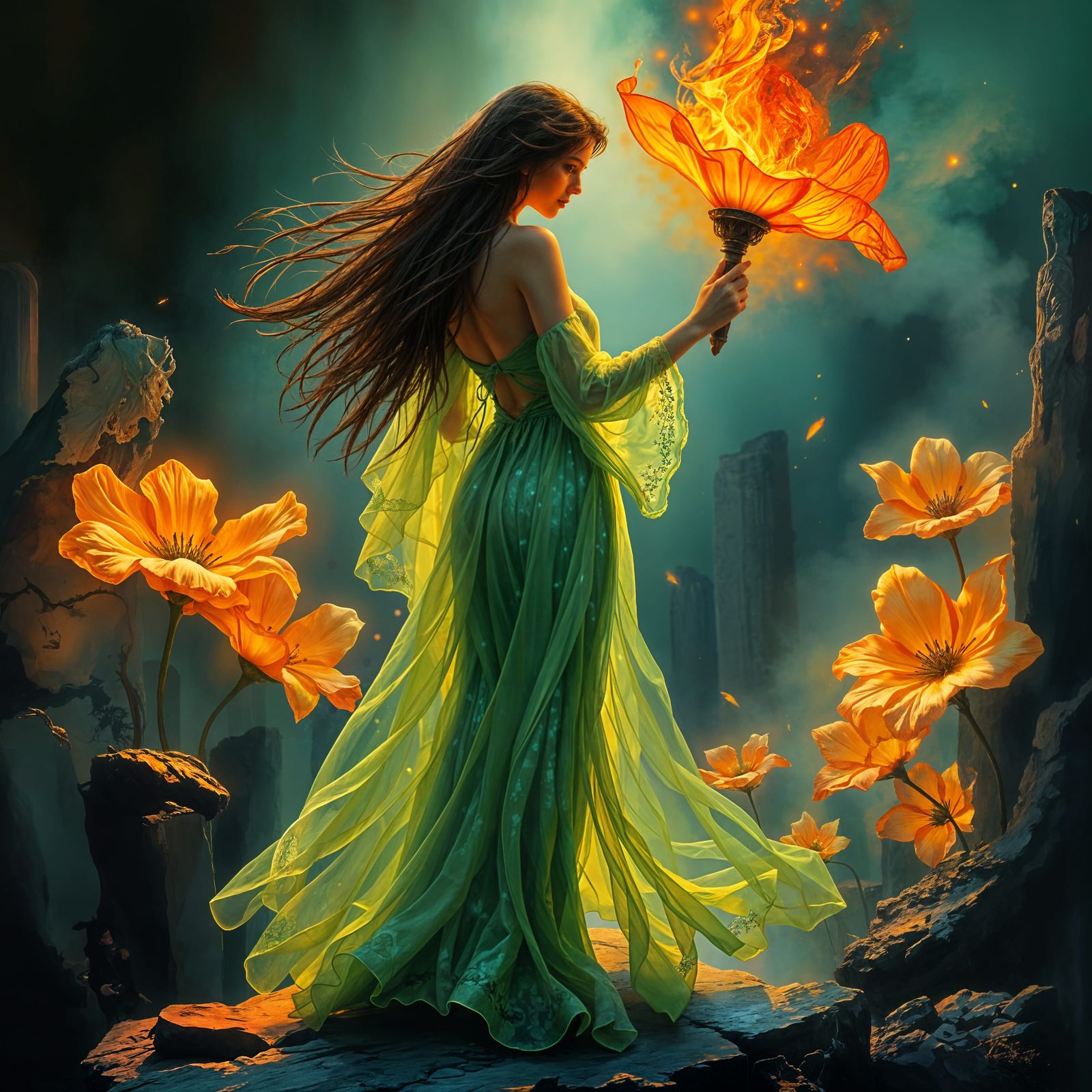 Woman in Decaying Realm: Iridescent Gothic Fantasy Art