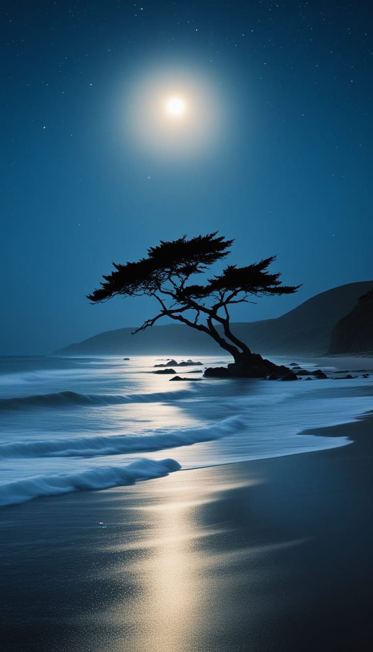 Peaceful Coastal Nightscape in Starry Blue Hues