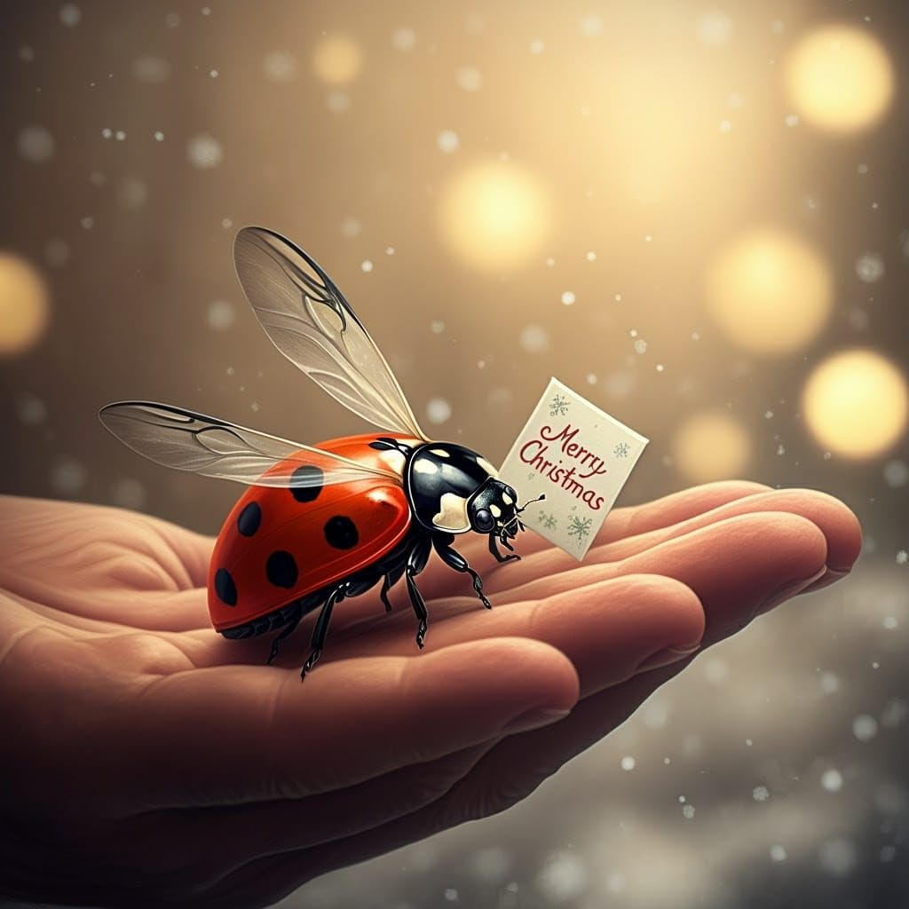 Whimsical Ladybug Greets Santa in Festive Holiday Scene
