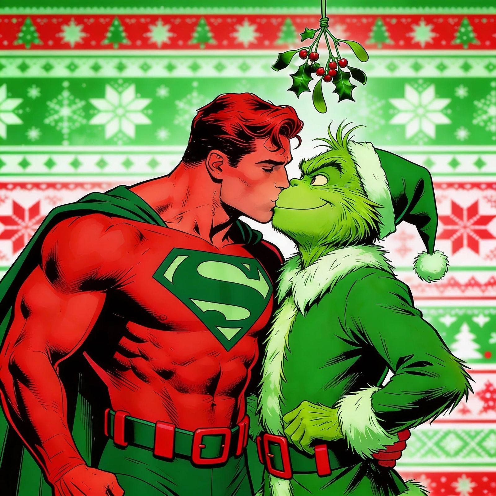 Superman Kisses Grinch-Costumed Jimmy Olsen in Red and Green