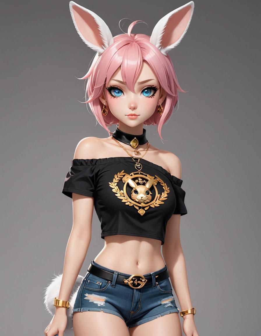 Anthropomorphic Bunny Girl with Pink Hair in Forest