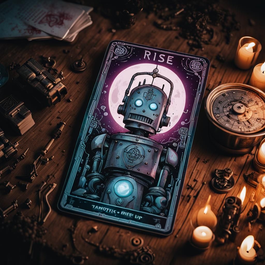 Cyberpunk Tarot Card with Mechanical Robot