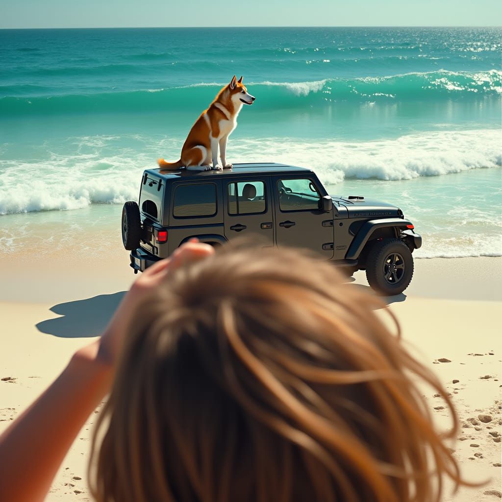 Low Angle Beach Self-Portrait with Red Husky