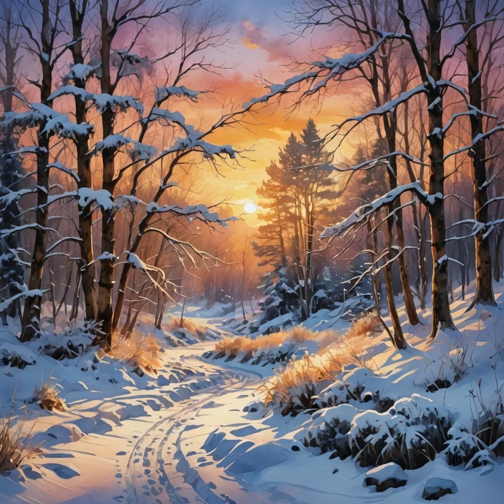 Winterscape Sunset Digital Watercolor Illustration