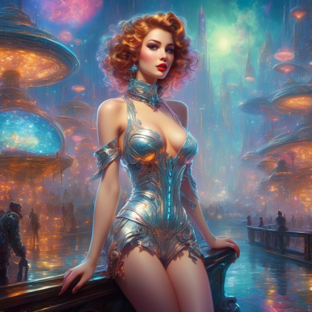 Retro-Futuristic Pin-Up in Vibrant Cartoon Style