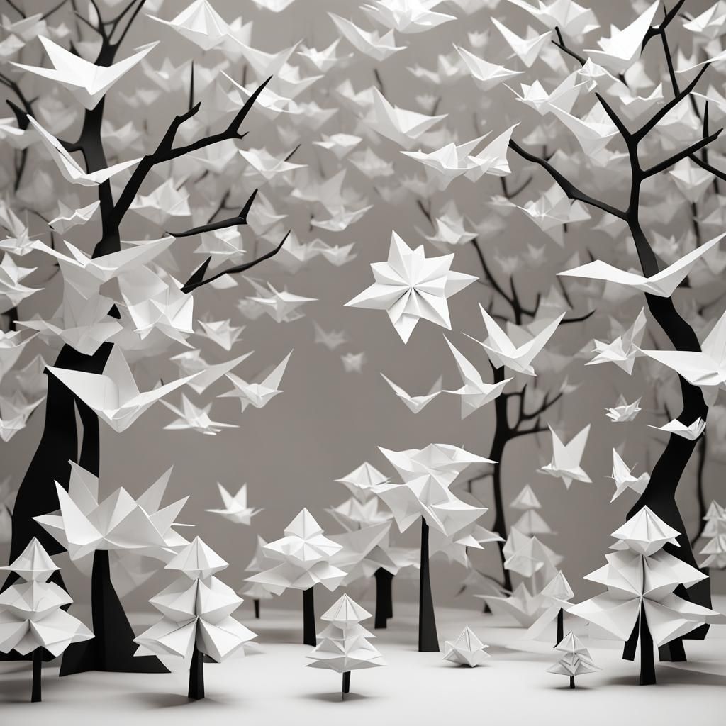 Ethereal White Plasma Origami Forest in Papercraft Style