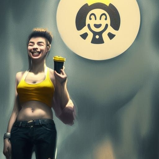 Smiley Face Flexing with Starbucks: Dark Fantasy Art