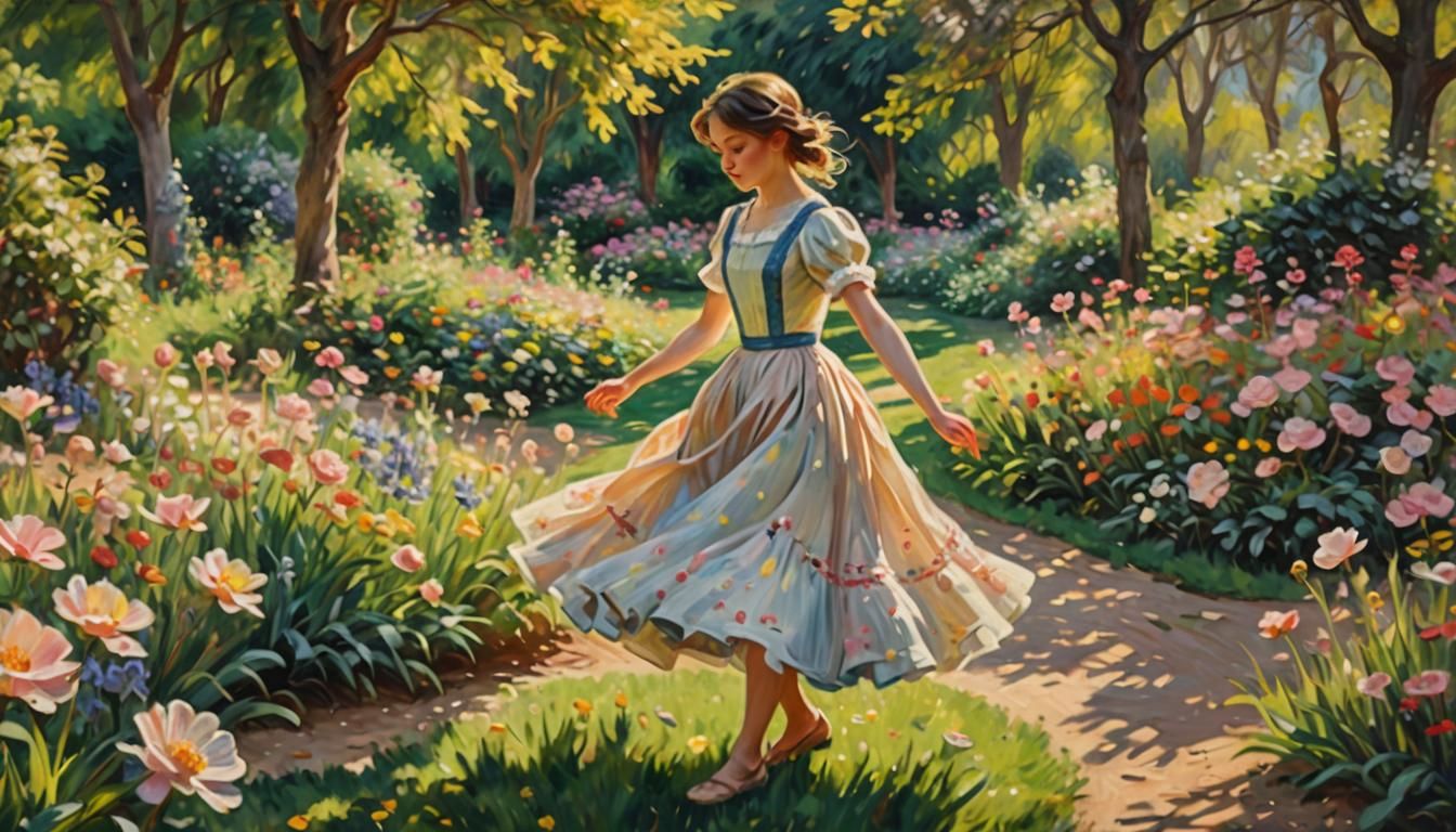 Girl Dancing in a Lush Impressionistic Garden
