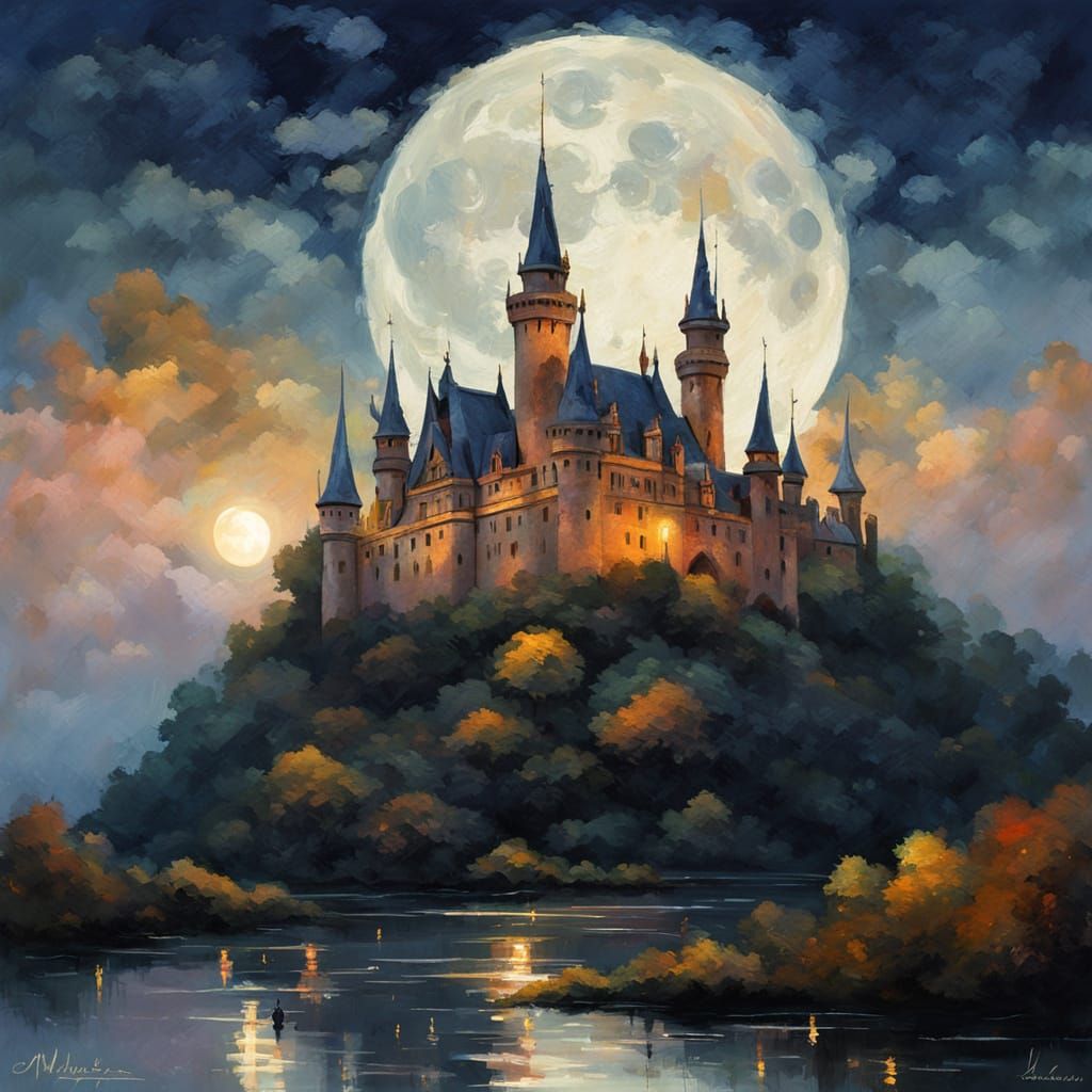 Moonlit Castle in Impressionistic Style