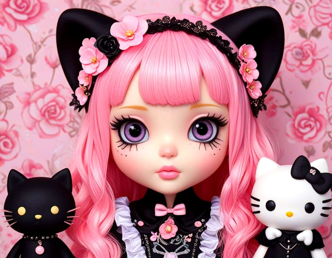 Gothic Kawaii Doll with Feline Ears in Digital Art