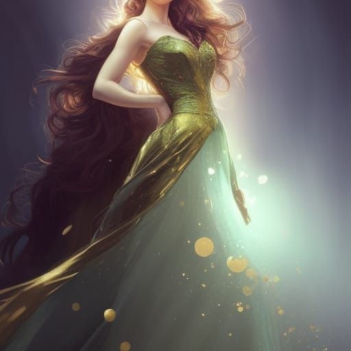Brunette in Gold Ballgown: Hyperdetailed Digital Art