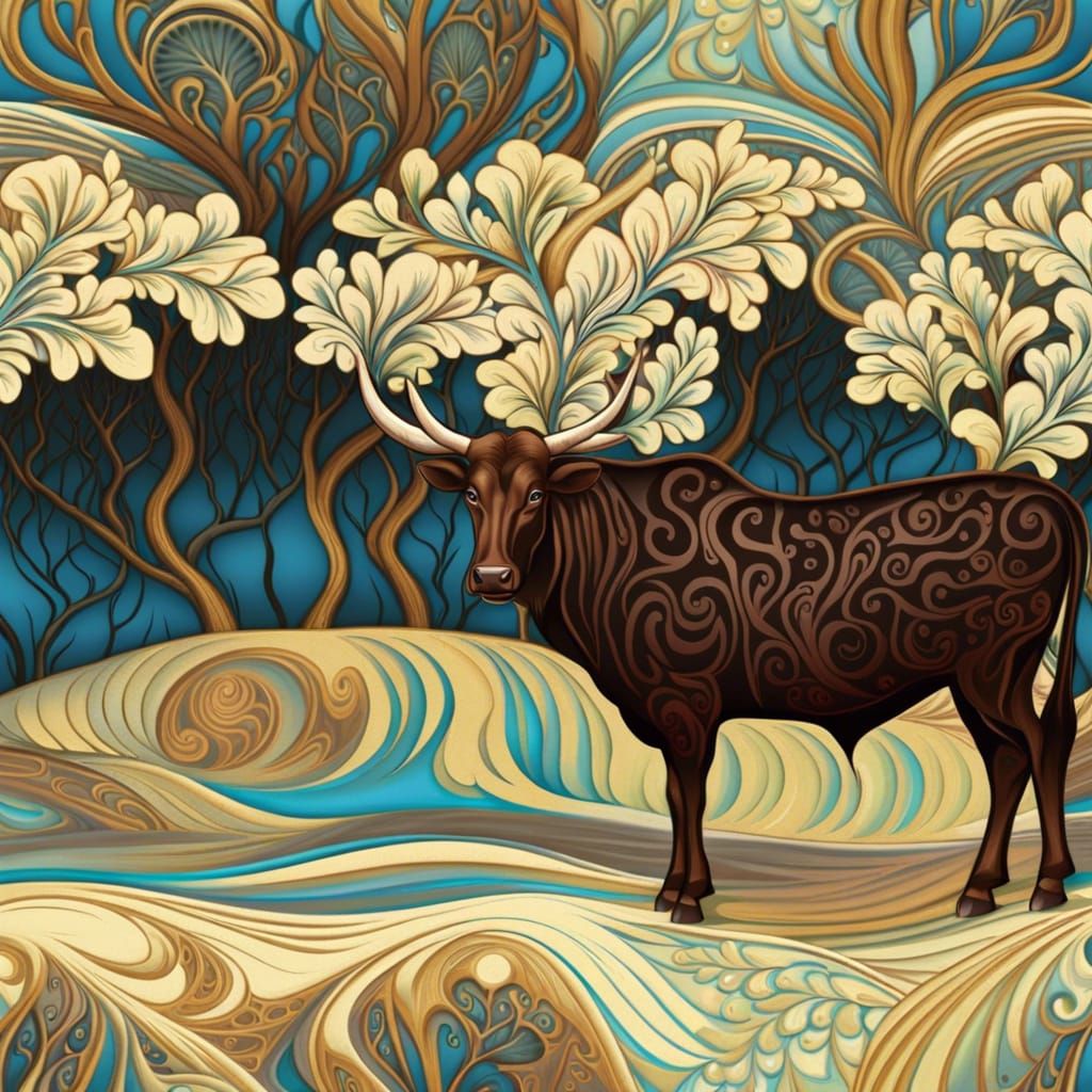 Dark Brown Ankole Cattle in Charcoal Drawing