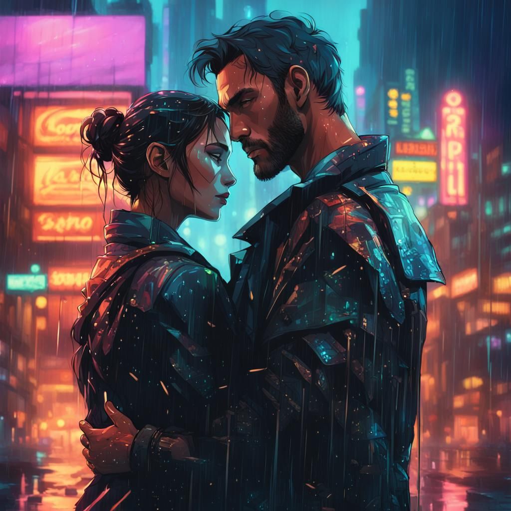 Cyberpunk Couple Embrace in Rainy Cityscape