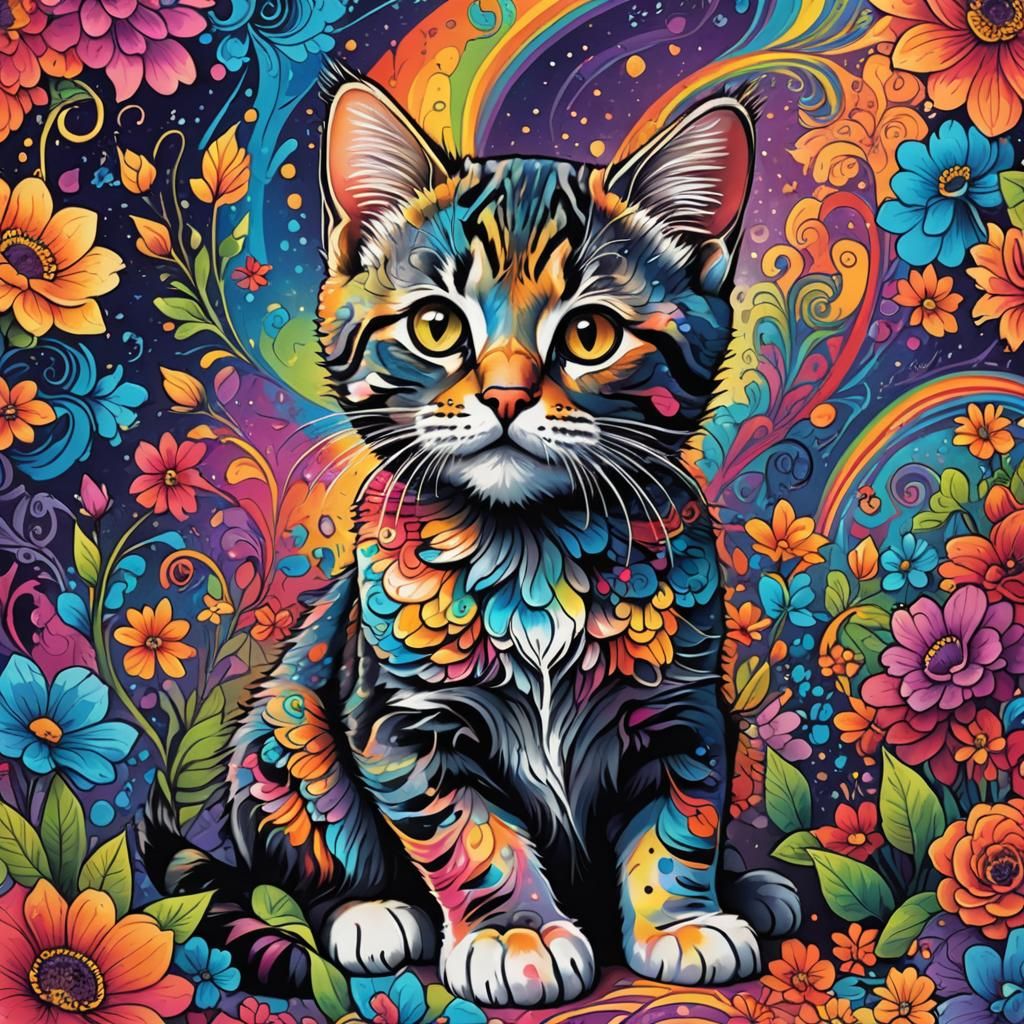 Playful Kitten in Wild Romantic Ink Art