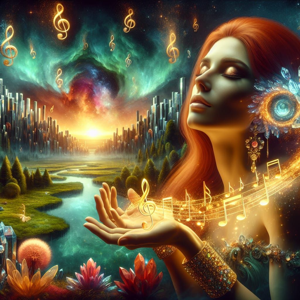 Ethereal Redhead with Golden Musical Notes