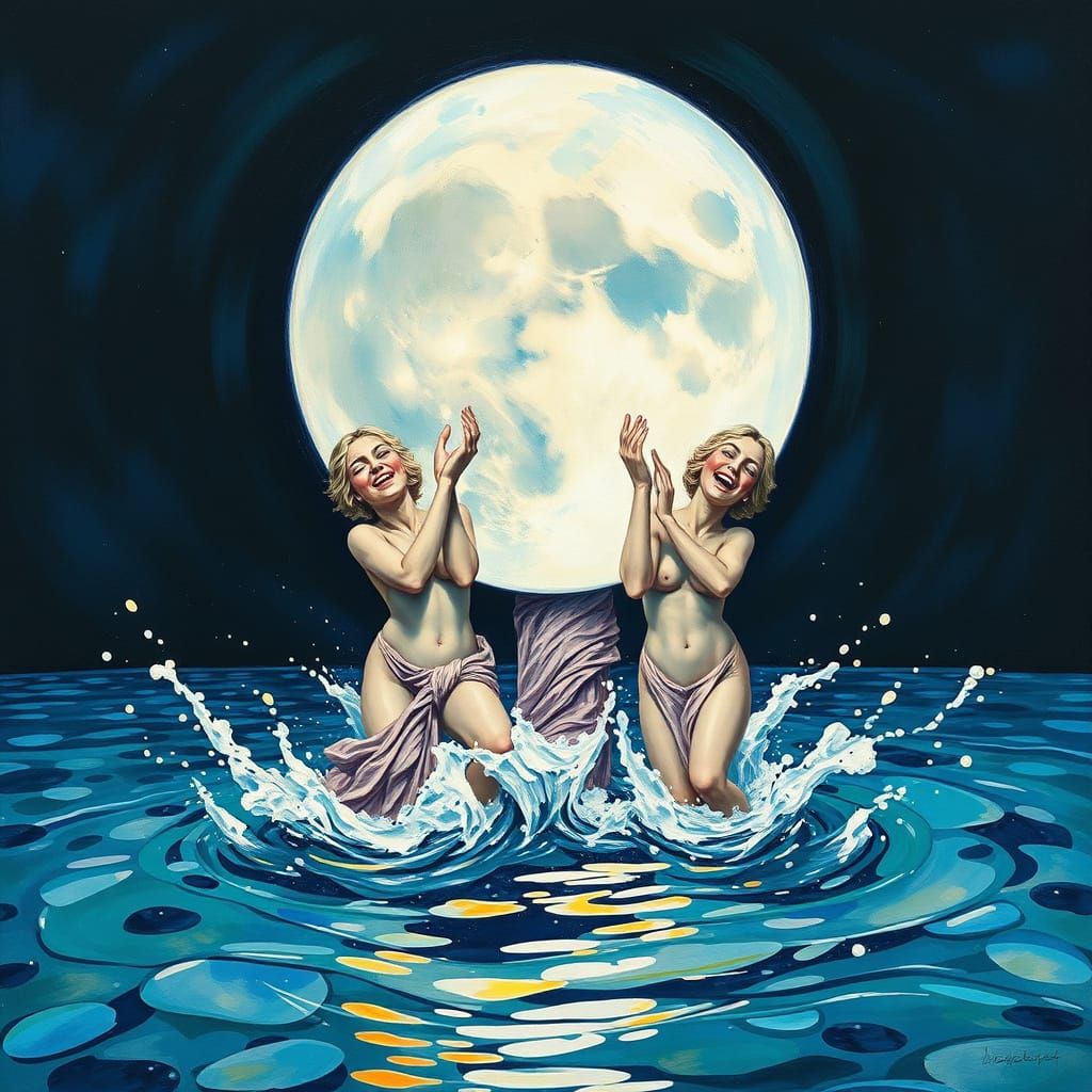 Caryatids Carry the Moon: Gouache Impasto Painting