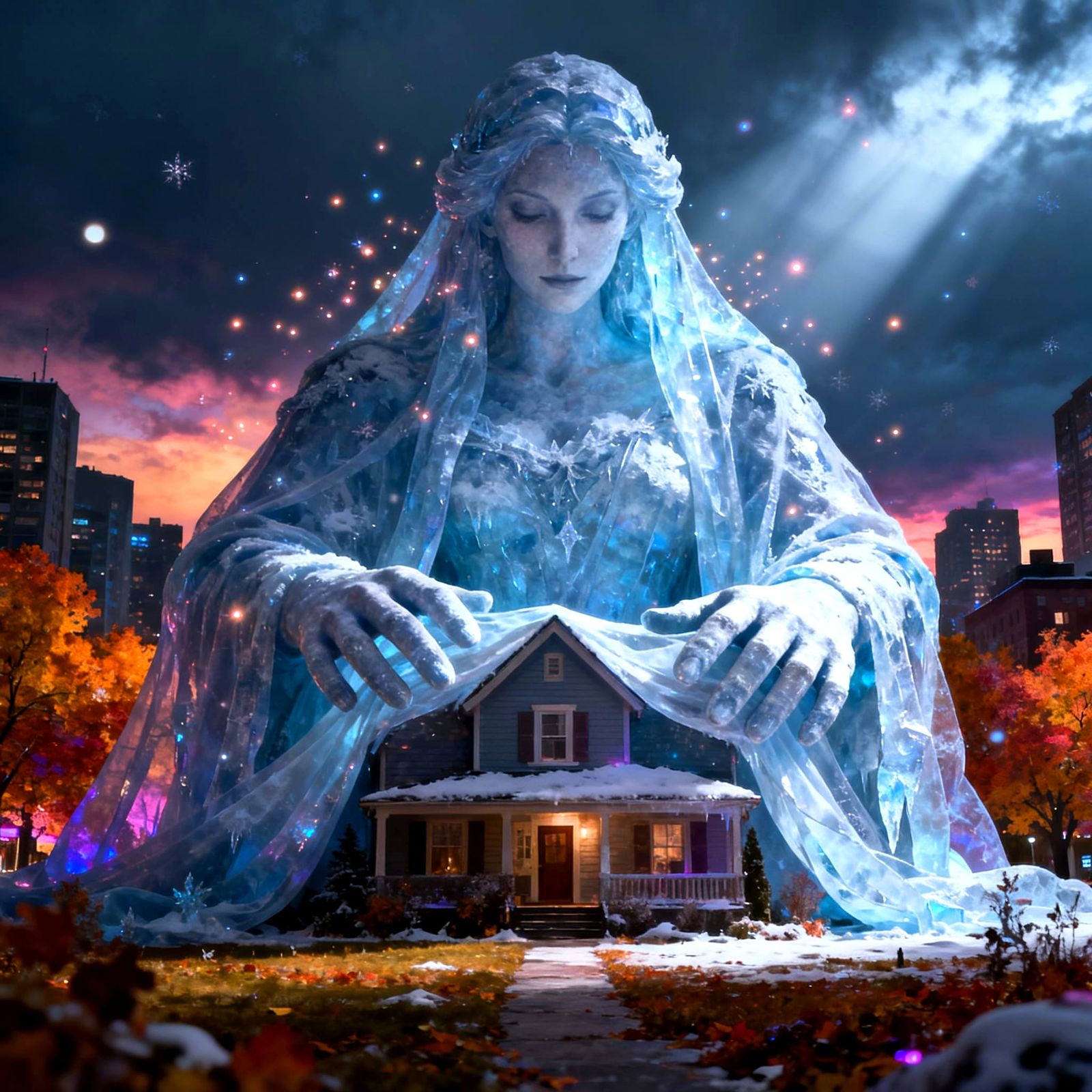 Winter Goddess Protects Autumn House with Mighty Cloak