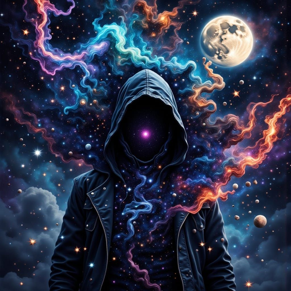 Cloaked Figure Amidst Galaxycore Night Sky