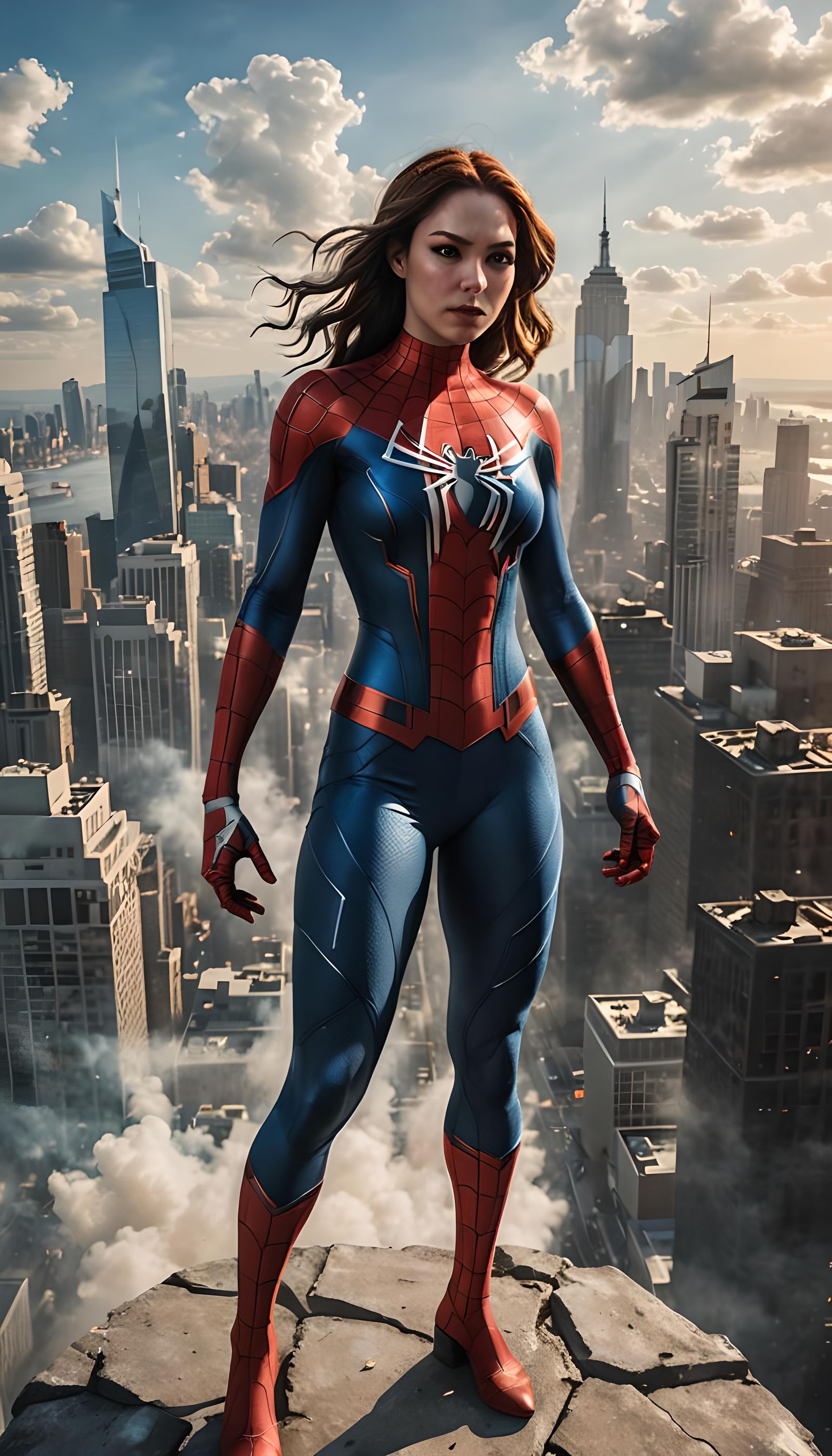 Spider-Woman in White Suit on City Rooftop
