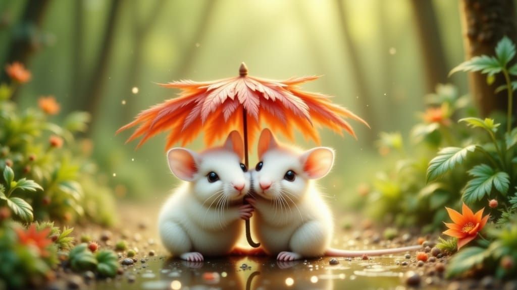 Cute Mice Under Red Maple Leaf Umbrella in Dappled Sunlight