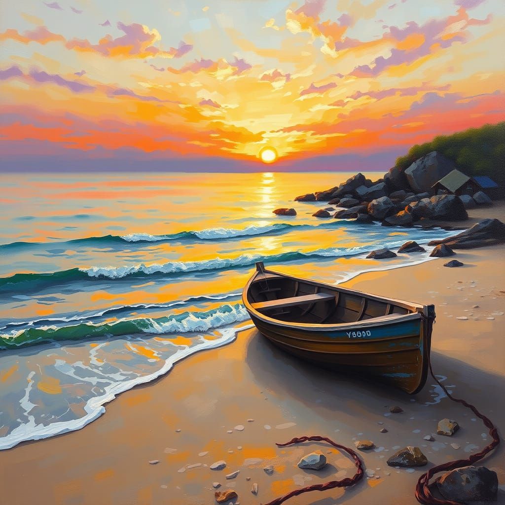 Impressionistic Sunset Beach Cove Oil Painting