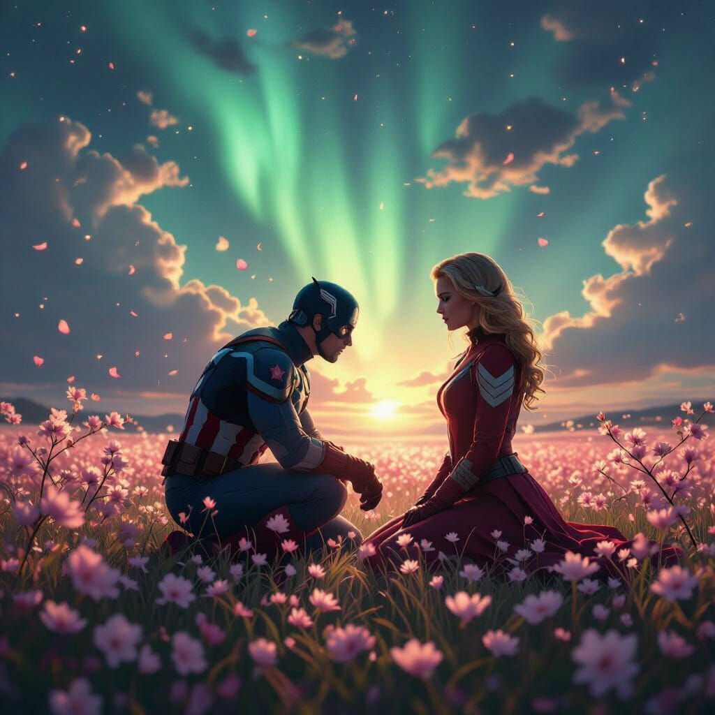 Captain America and Rogue in Cherry Blossoms Under Aurora
