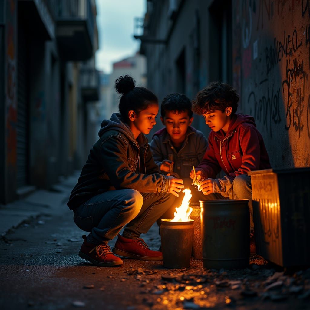 Gritty Urban Scene of Spanish Hip Hop Kids Igniting Trash Ca...