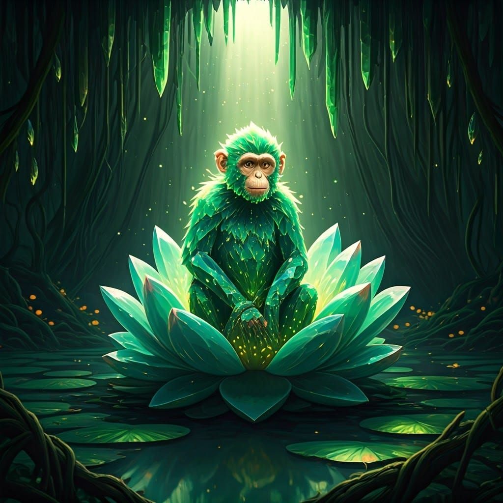 Emerald Crystal Monkey in Lotus Flower, Ghibli Style