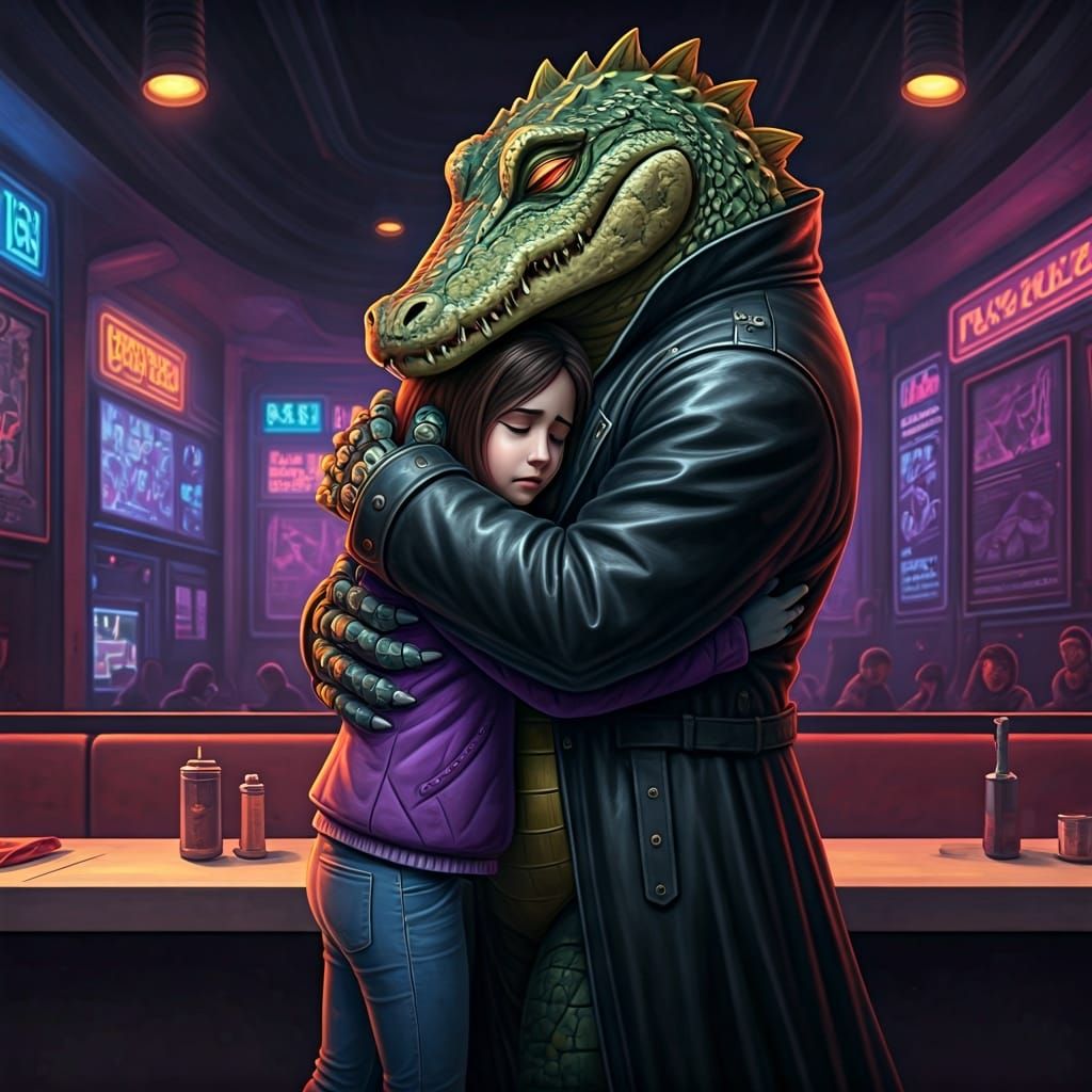 Robotic Alligator Hugs Girl in Futuristic Pizzeria