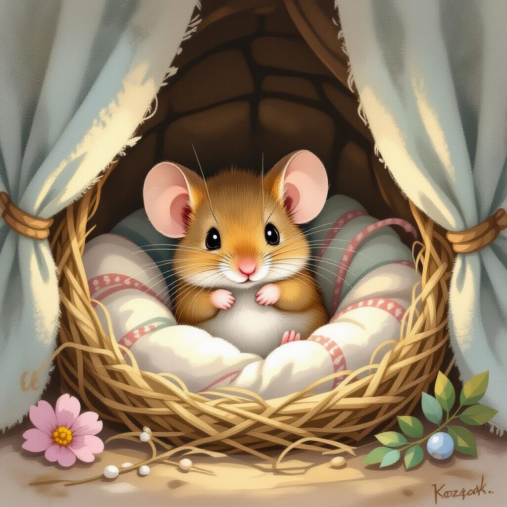 Timid Mouse in Cozy Nest, Whimsical Watercolor Illustration