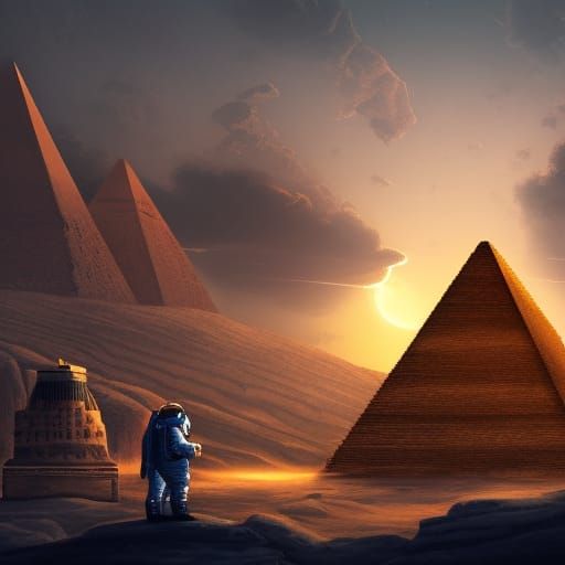 Cosmonaut in Ancient Egypt with Pyramids