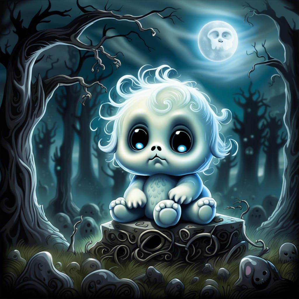 Cutest Baby Forest Ghost on Grave, Kawaiicore Style