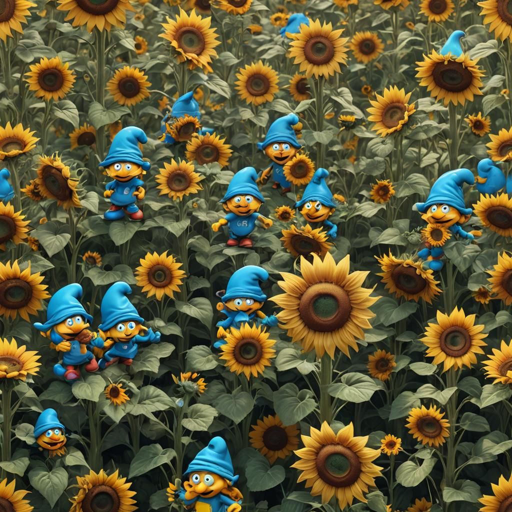 Groovy 60s Smurf in Sunflower Field