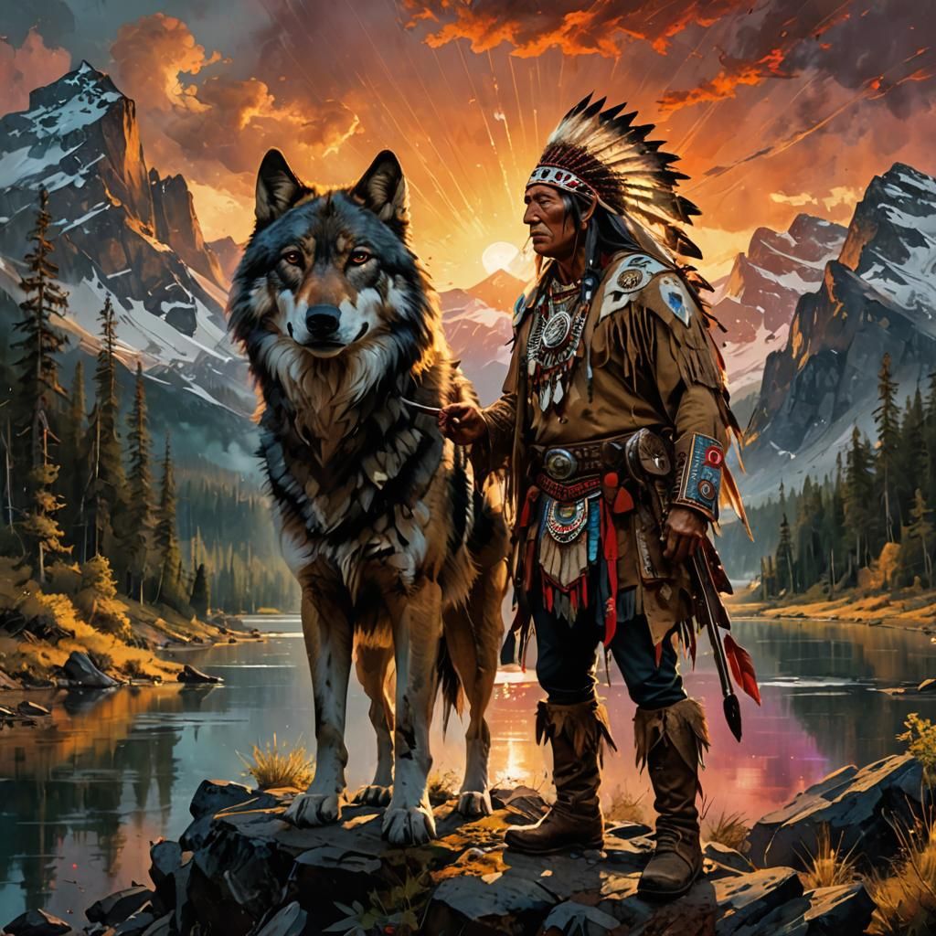Native American Chief with Wolf at Sunset
